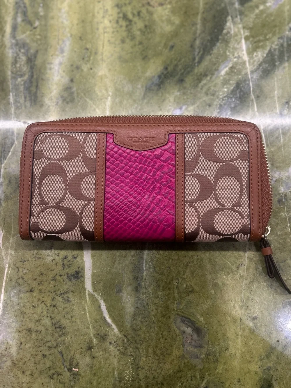 Coach Signature Stripe Snakeskin Accordion Zip Wallet